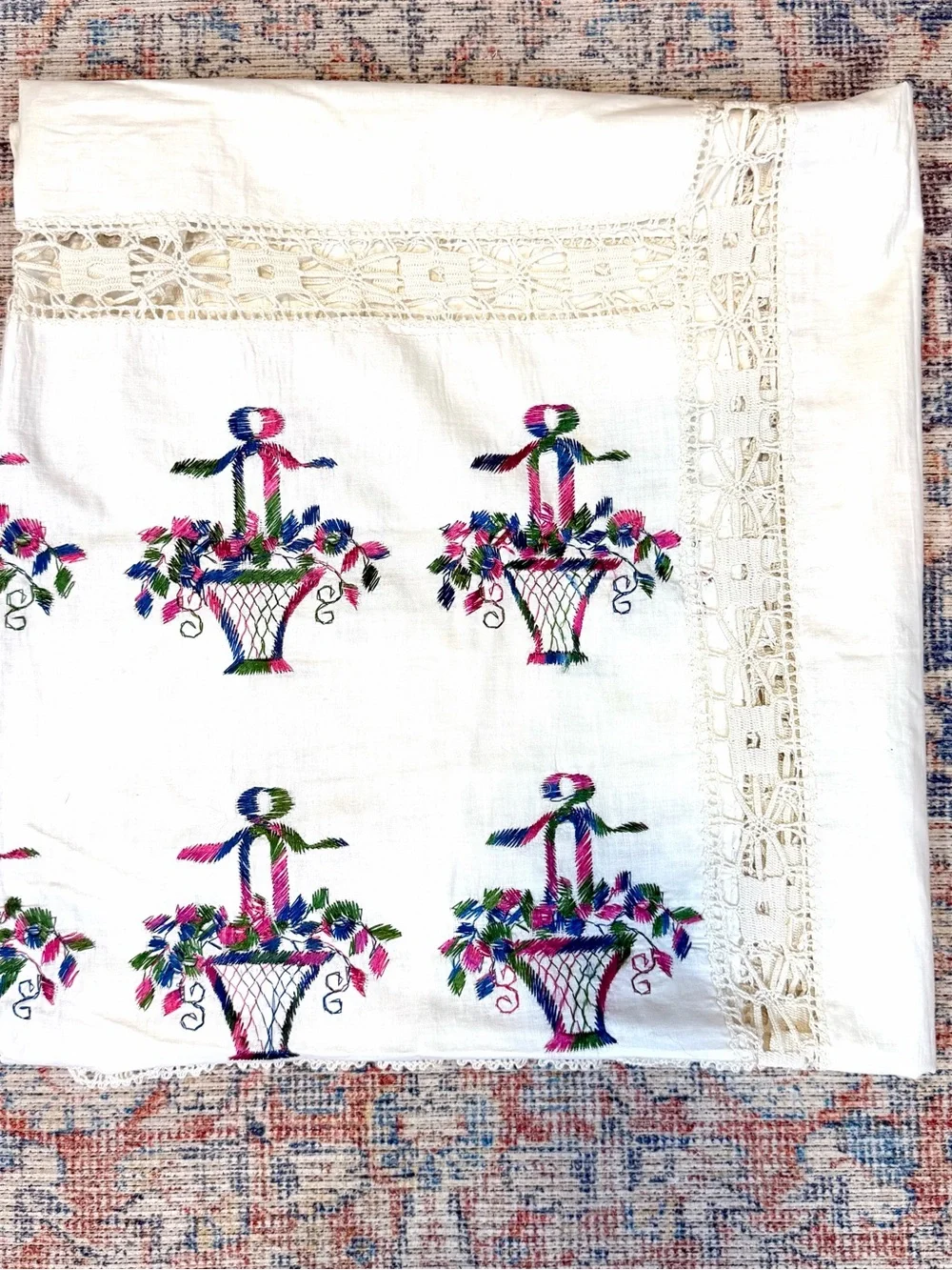 Vintage Wedding Basket Handmade Embroidered Linen Lace Tablecloth 72x77